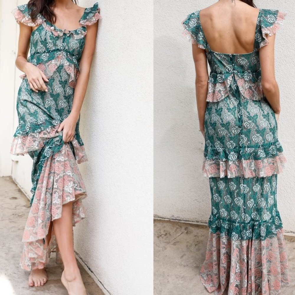 Lace Layered Ruffle Detail Midi Dress